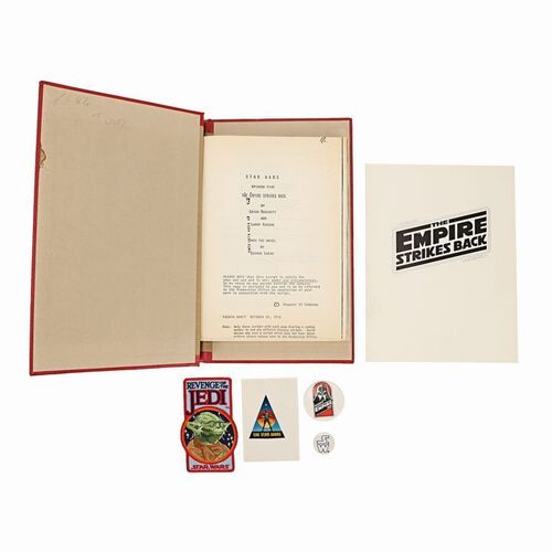 Lot #1603: STAR WARS: THE EMPIRE STRIKES BACK (1980) - Fourth Draft Script with Badges, Patch, Sticker and Press Pack