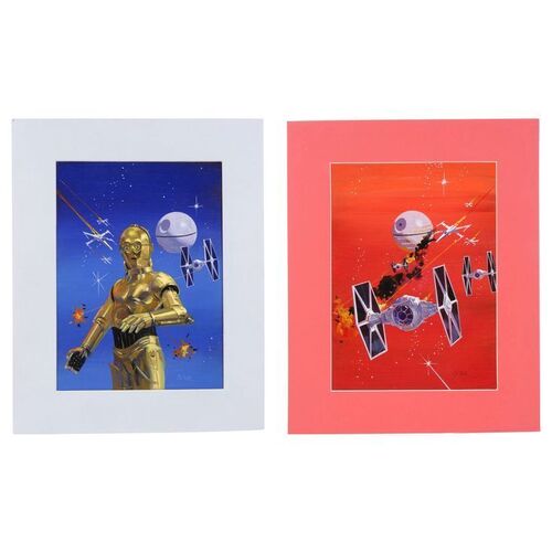 Lot #1624: STAR WARS: RETURN OF THE JEDI (1983) - William Plumb Collection: Pair of Matted, Hand-painted Vincent Di Fate Videogaming Illustrated Magazine Cover Concept Illustrations