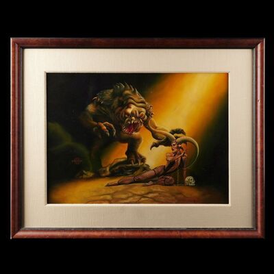 Lot #1629: STAR WARS EXPANDED UNIVERSE - William Plumb Collection: Framed Hand-painted Cathleen Thole "Rancor and Twi'lek" Star Wars Galaxy Card Illustration