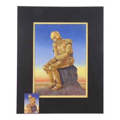 Lot #1632: UNKNOWN PRODUCTION - William Plumb Collection: Hand-painted Bunny Carter "C-3PO Cogitating" Trading Card Painting