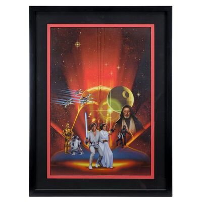 Lot #1634: STAR WARS: A NEW HOPE (1977)/STAR WARS: THE EMPIRE STRIKES BACK (1980) - William Plumb Collection: Framed Hand-Painted David Mattingly "A New Hope" Book Cover Illustration