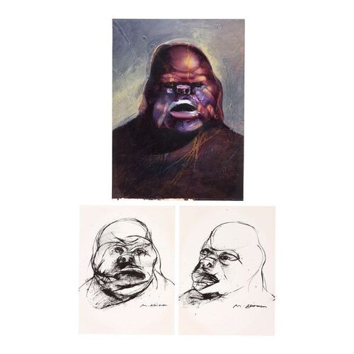 Lot #1636: STAR WARS: THE EMPIRE STRIKES BACK (1980) - William Plumb Collection: Hand-painted Marshall Arisman Ugnaught Topps Trading Card Painting with Preliminary Sketches