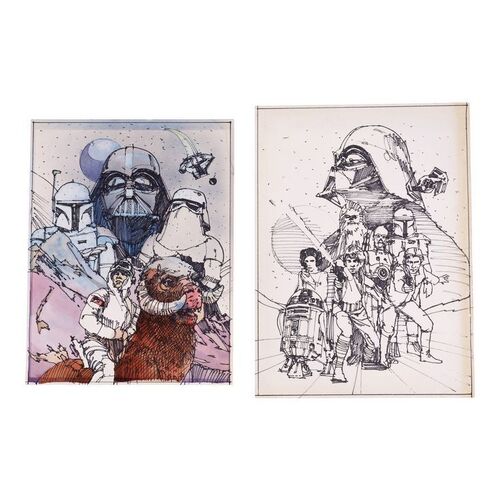 Lot #1637: STAR WARS: THE EMPIRE STRIKES BACK (1980) - William Plumb Collection: Pair of Hand-illustrated George Gaadt Questar Magazine Cover Prelims