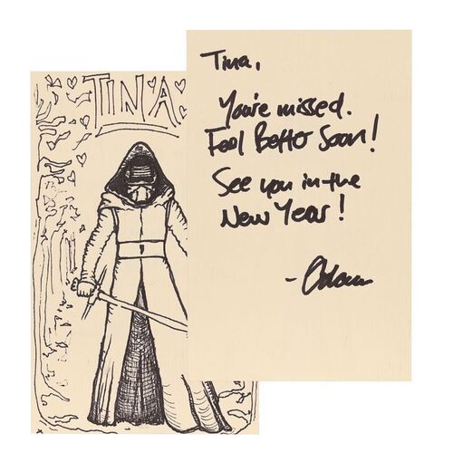 Lot #1639: STAR WARS: THE FORCE AWAKENS (2015) - "Get Well Soon" Card from Adam Driver with Hand-drawn Sketch of Kylo Ren