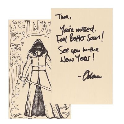 Lot #1639: STAR WARS: THE FORCE AWAKENS (2015) - "Get Well Soon" Card from Adam Driver with Hand-drawn Sketch of Kylo Ren