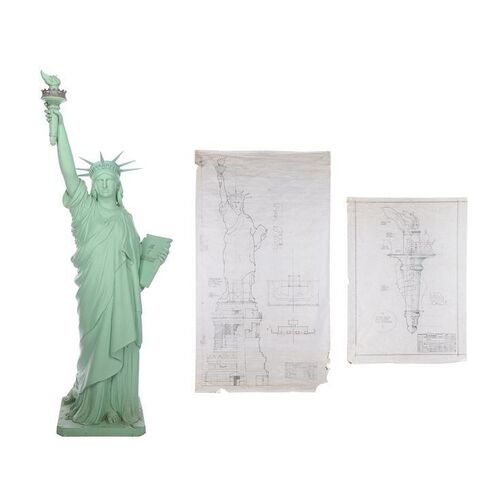 Lot #1672: SUPERMAN IV: THE QUEST FOR PEACE (1987)/LITTLE SHOP OF HORRORS (1986) - Miniature Model Statue of Liberty and Pair of Hand-drawn Production Designs