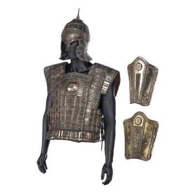 Lot #1721: TROY (2006) - Lysander's (Owain Yeoman) Breastplate with Trojan Helmet and Greaves