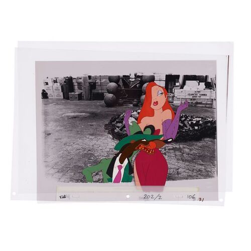 Lot #1756: WHO FRAMED ROGER RABBIT (1988) - Hand-painted Toon Patrol Weasel and Jessica Rabbit (Kathleen Turner) Cel Setup