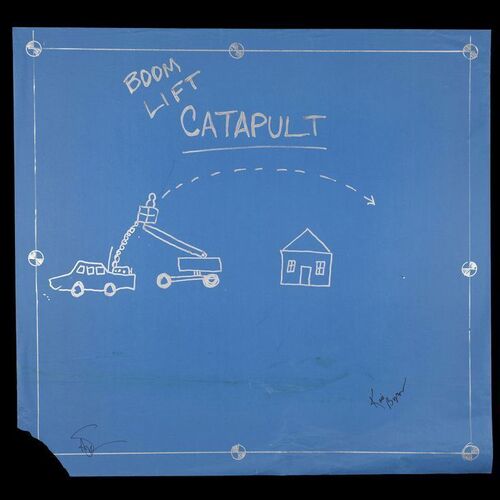 Lot # 17: Boom-Lift Catapult Blueprint Drawn by Jamie Hyneman and Signed by Adam Savage and Kari Byron with Signed Poster