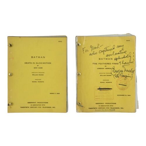 23: BATMAN (196 - Final Production Scripts (2), 65 & 67 Pages (8.5" x 11") Autographed by Burgess Meredith (Episode 3; Fine Feathered Finks) (Beckett COA.).;
