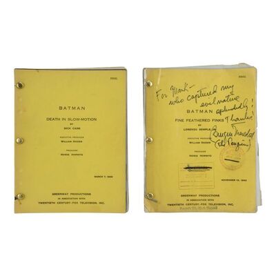 23: BATMAN (196 - Final Production Scripts (2), 65 & 67 Pages (8.5" x 11") Autographed by Burgess Meredith (Episode 3; Fine Feathered Finks) (Beckett COA.).;