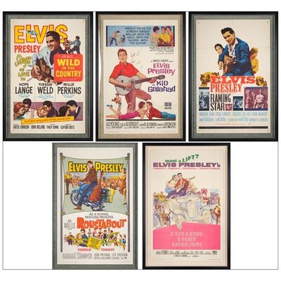 79: FLAMING STAR, WILD IN THE COUNTRY, FOLLOW THAT DREAM, KID GALAHAD, ROUSTABOUT - One-Sheets (5) (27" x 41") Framed; From the Collection of Bass Guitarist, Jason Newsted; Fine+