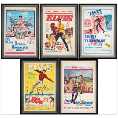 80: FUN IN ACAPULCO, GIRL HAPPY, TICKLE ME, PARADISE, HAWAIIAN STYLE, CLAMBAKE - One-Sheets (5) (27" x 41") Framed; From the Collection of Bass Guitarist, Jason Newsted; Very Fine-