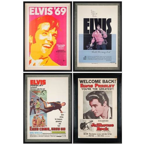 83: JAILHOUSE ROCK, EASY COME, EASY GO, THE TROUBLE WITH GIRLS, ELVIS: THAT'S THE WAY IT IS - One-Sheets (4) (27" x 41") Framed; From the Collection of Bass Guitarist, Jason Newsted; Very Fine-