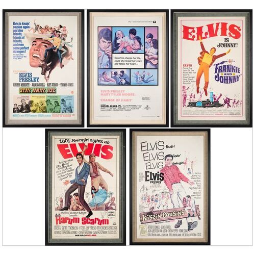 84: KISSIN' COUSINS, HARUM SCARUM, FRANKIE AND JOHNNY, STAY AWAY, JOE, CHANGE OF HABIT - One-Sheets (5) (27" x 41") Framed; From the Collection of Bass Guitarist, Jason Newsted; Very Fine