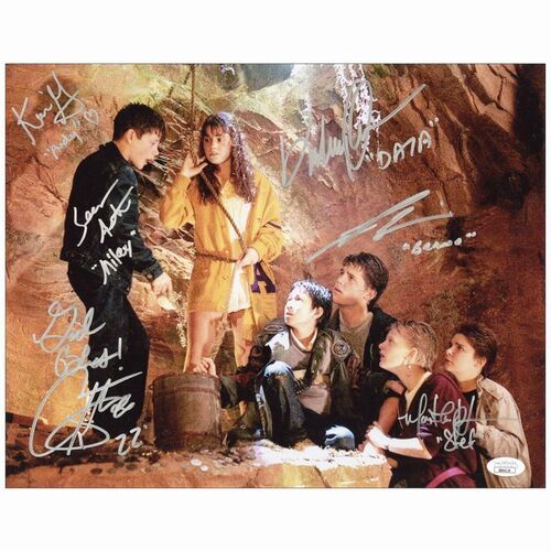 103: THE GOONIES - Color Photograph (11" X 14") Autographed by Josh Brolin, Corey Feldman, Sean Astin, Martha Plimpton, Kerri Green, and Ke Huy Quan (Beckett COA.).; Mint