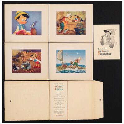 212: PINOCCHIO - World Premiere Dye Transfer Prints (4) & Program & Folder (15" x 13" & 9" x 12" & 15.5" x 13.5"); Courvoisier Style; Very Fine+