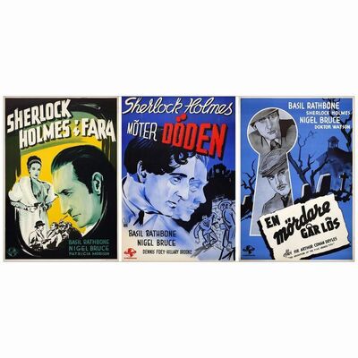 246: SHERLOCK HOLMES FACES DEATH, THE HOUSE OF FEAR, DRESSED TO KILL - Swedish One-Sheets (3) (27.5" x 39.5"); Very Fine Rolled