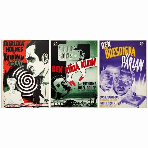 249: THE SCARLET CLAW, THE PEARL OF DEATH, THE WOMAN IN GREEN - Swedish One-Sheets (3) (27.5" x 39.5"); Very Fine+ Rolled