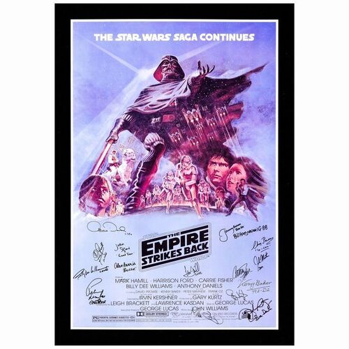 281: STAR WARS: THE EMPIRE STRIKES BACK - Commercial Poster produced by ZigZag (25.75" x 38.5") Autographed by Mark Hamill, Carrie Fisher, Anthony Daniels, Kenny Baker, Peter Mayhew, Jeremy Bulloch, and others (Beckett COA); Very Fine+ Mounted on Foam Cor