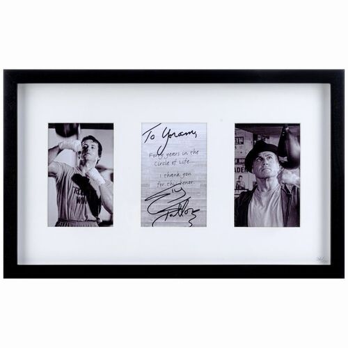 672: SYLVESTER STALLONE - Framed Photos and Signed Postcard (18" x 11") Autographed by Sylvester Stallone (Beckett COA.).; Mint