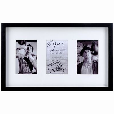 672: SYLVESTER STALLONE - Framed Photos and Signed Postcard (18" x 11") Autographed by Sylvester Stallone (Beckett COA.).; Mint