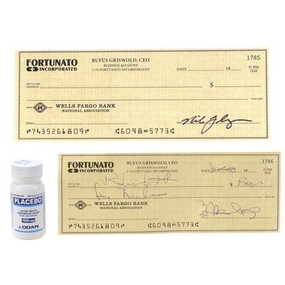 Lot # 45: The Fall of the House of Usher - Young Roderick Usher's (Zach Gilford) Check from Griswold, "Ligodone" Bottle, and Check Signed by Mike Flanagan