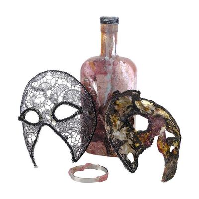 Lot # 54: The Fall of the House of Usher - Rave Attendees Masks with Acid Rain Bracelet and Alcohol Bottle