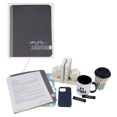 Lot # 91: The Fall of the House of Usher - Victorine LaFourcade's (T'Nia Miller) Stunt Marble Book Ends, File Folder Signed by Mike Flanagan, and Accessories