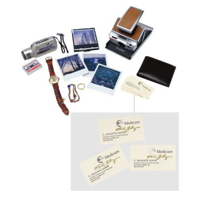 Lot # 123: The Fall of the House of Usher - Detective C. Auguste Dupin's (Carl Lumbly) Personal Accessories with Business Cards Signed by Mike Flanagan