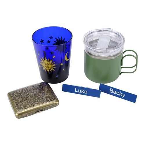 Lot # 143: The Midnight Club - Amesh and Natsuki's Club Cups with Luke and Becky's Name Tags and Poppy Corn's Cigarette Box