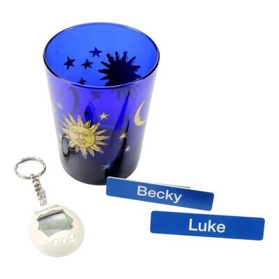 Lot # 152: The Midnight Club - Amesh's Club Cup with Luke and Becky's Name Tags and Tamogatchi Keychain