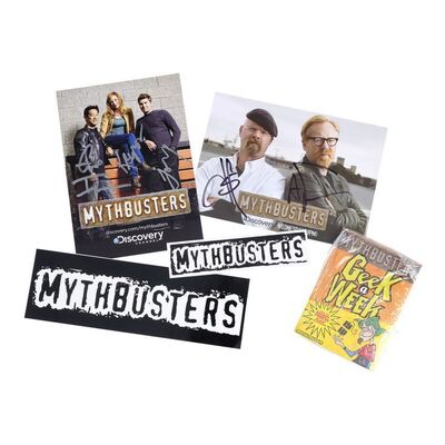 Lot # 6: Collection of MythBusters Branded Items with Signed Promotional Photos