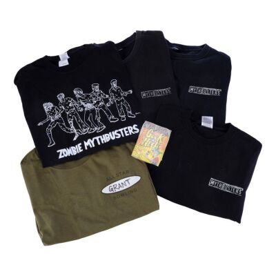 Lot # 13: Collection of Grant Imahara's MythBusters Shirts with "Geek a Week" Card