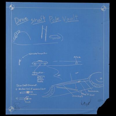 Lot # 20: Drive Shaft Vault Blueprint Drawn by Jamie Hyneman and Signed by Adam Savage and Kari Byron with Signed Poster