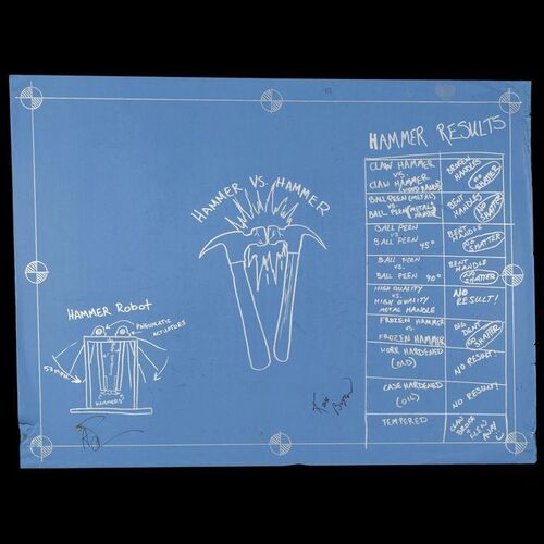 Lot # 24: Hammer vs. Hammer Blueprint Drawn by Grant Imahara and Signed by Adam Savage and Kari Byron with Signed Poster