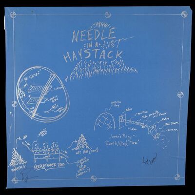 Lot # 26: Needle in a Haystack Blueprint Drawn by Adam Savage and Jamie Hyneman and Signed by Adam Savage and Kari Byron with Signed Poster