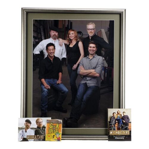 Lot # 27: Large Framed MythBusters Team Photo with Postcards from the Grant Imahara Collection
