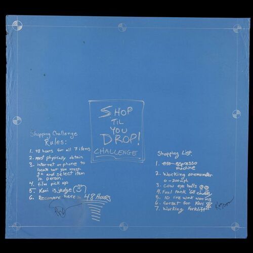 Lot # 29: Shop 'til You Drop! Blueprint Signed by Adam Savage and Kari Byron with Signed Poster