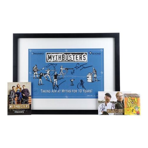 Lot # 40: MythBusters 10th Anniversary Limited Edition Graphic Drawn by Eric Haven and Signed by Adam Savage, Jamie Hyneman, Grant Imahara, Kari Byron, and Tory Belleci