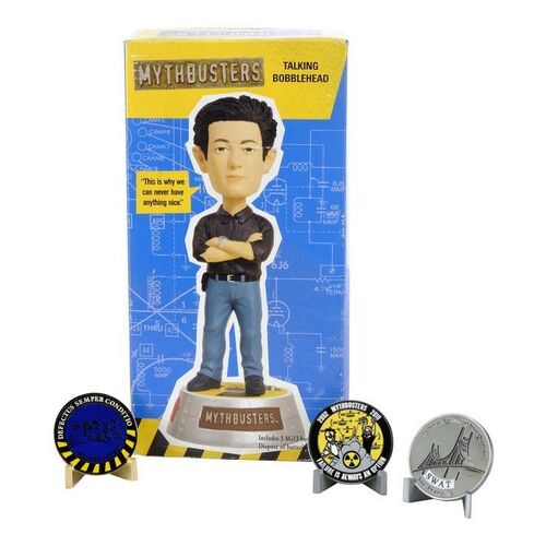 Lot # 53: Grant Imahara Talking Bobblehead Signed by Grant Imahara with Set of Three Coins