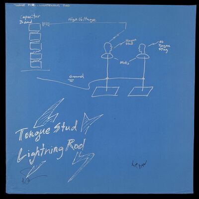Lot # 66: Tongue Stud Lightening Rod Blueprint Signed by Adam Savage and Kari Byron with Two Signed Posters