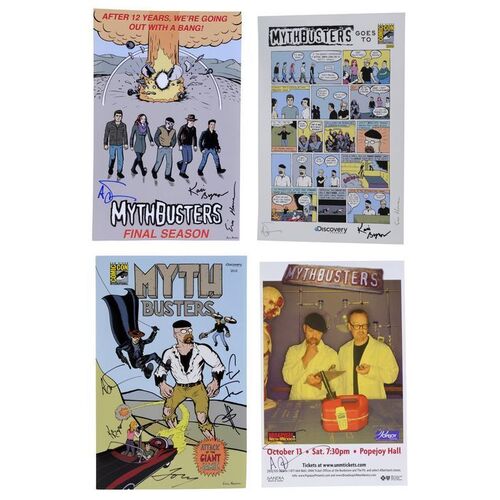 Lot # 67: Set of Four MythBusters Team Signed Posters with 2010 Poster Signed Adam Savage, Jamie Hyneman, Kari Byron, Grant Imahara, and Tory Belleci