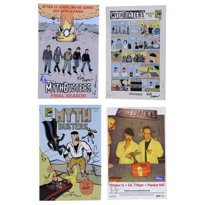 Lot # 67: Set of Four MythBusters Team Signed Posters with 2010 Poster Signed Adam Savage, Jamie Hyneman, Kari Byron, Grant Imahara, and Tory Belleci