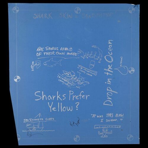 Lot # 70: Sharks Like Yellow Blueprint Signed by Adam Savage and Kari Byron with Two Signed Posters