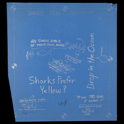 Lot # 70: Sharks Like Yellow Blueprint Signed by Adam Savage and Kari Byron with Two Signed Posters