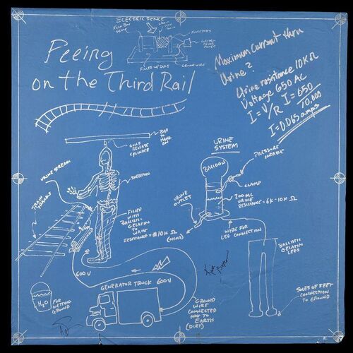 Lot # 72: Peeing on the Third Rail Blueprint Drawn by Adam Savage with Title Drawn by Jamie Hyneman and Signed by Adam Savage and Kari Byron with Signed Poster