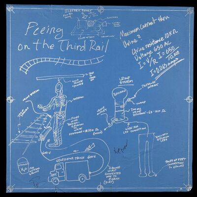 Lot # 72: Peeing on the Third Rail Blueprint Drawn by Adam Savage with Title Drawn by Jamie Hyneman and Signed by Adam Savage and Kari Byron with Signed Poster