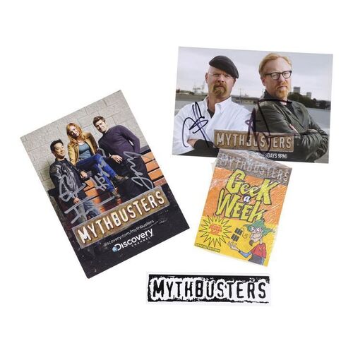 Lot # 75: Collection of MythBusters Branded Items with Signed Promotional Photos