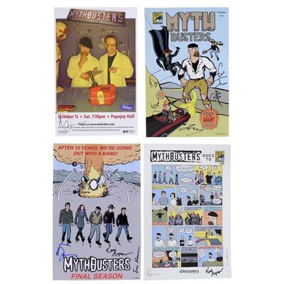 Lot # 89: Set of Four MythBusters Team Signed Posters with 2010 Poster Signed Adam Savage, Jamie Hyneman, Kari Byron, Grant Imahara, and Tory Belleci
